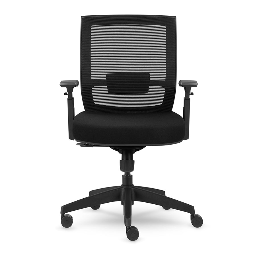 Allseating Entail midback task chair in black frame and seat with black mesh back.