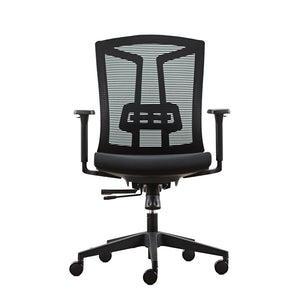 Ergonomic office chair in black mesh back and black fabric seat.