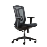 Load image into Gallery viewer, Side view of ergonomic office chair in black mesh back and black fabric seat.

