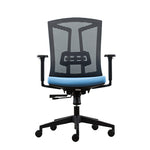 Load image into Gallery viewer, Ergonomic office chair in grey mesh back and blue fabric seat.
