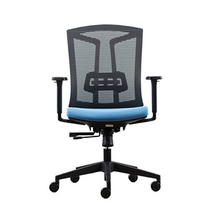 Ergonomic office chair in grey mesh back and blue fabric seat.