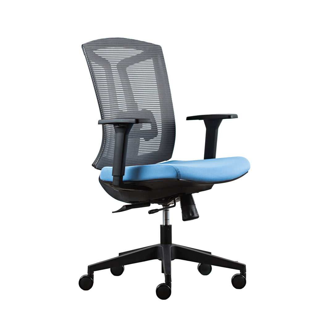 Side view of ergonomic office chair in grey mesh back and blue fabric seat.