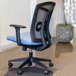 Load image into Gallery viewer, Back view of ergonomic office chair in grey mesh back and blue fabric seat.
