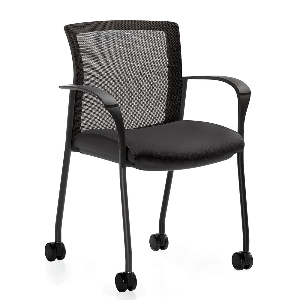 Side view of black mesh and dark charcoal Vion task armchair with casters