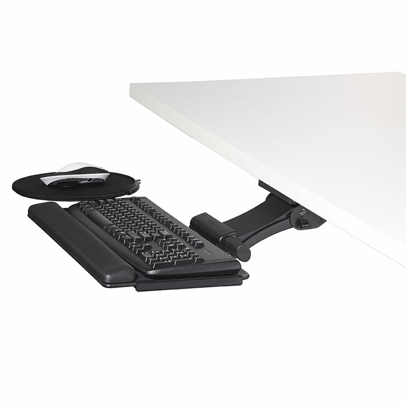 Side view of tilt adjusting black keyboard and mouse tray