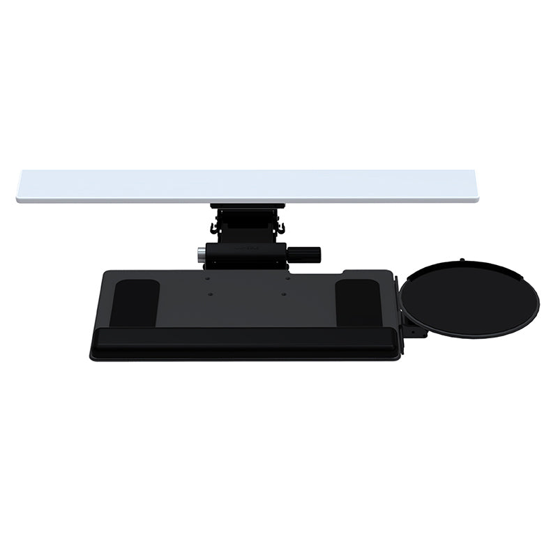 Front view of tilt adjusting black keyboard and mouse tray