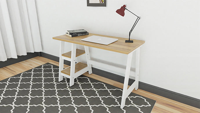 White and oak 2-shelf student desk with a laptop and task light on desk surface.