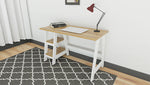 Load image into Gallery viewer, White and oak 2-shelf student desk with a laptop and task light on desk surface.
