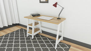 White and oak 2-shelf student desk with a laptop and task light on desk surface.