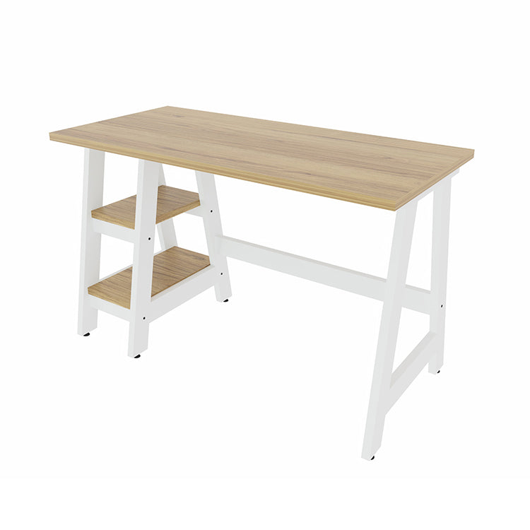 Side view of oak and white 2-shelf student desk.