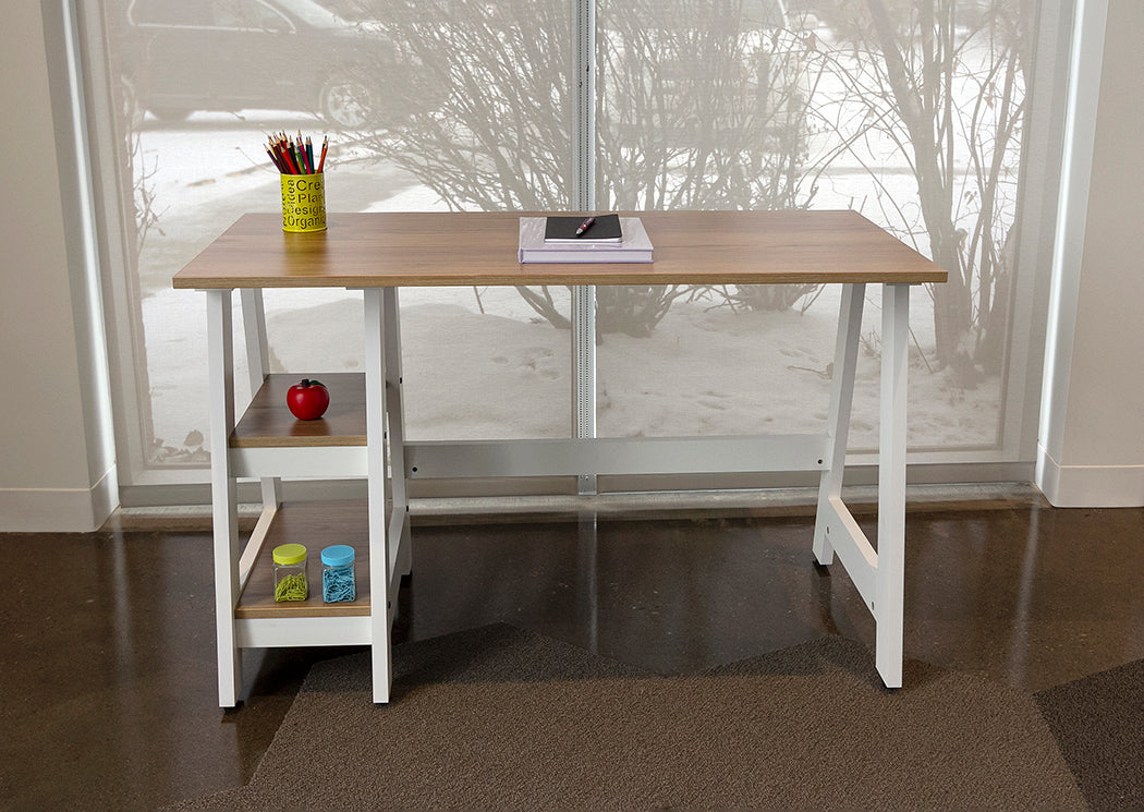 White and oak 2-shelf student desk. Front View.