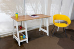 Load image into Gallery viewer, White and oak 2-shelf student desk beside a yellow chair.
