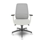 Load image into Gallery viewer, Front view of ergonomic task chair with grey mesh back and grey fabric seat, adjustable arm rests, seat height and lumbar support.
