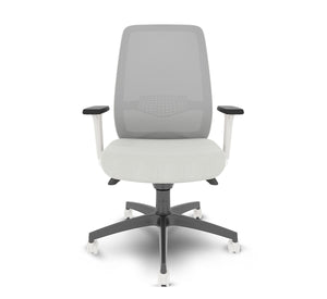 Front view of ergonomic task chair with grey mesh back and grey fabric seat, adjustable arm rests, seat height and lumbar support.