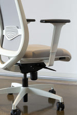 Load image into Gallery viewer, Back view of ergonomic task chair with grey mesh back and grey fabric seat, adjustable arm rests, seat height and lumbar support.
