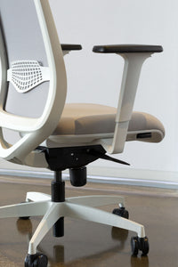 Back view of ergonomic task chair with grey mesh back and grey fabric seat, adjustable arm rests, seat height and lumbar support.
