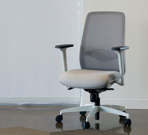 Front view of ergonomic task chair with grey mesh back and grey fabric seat, adjustable arm rests, seat height and lumbar support.