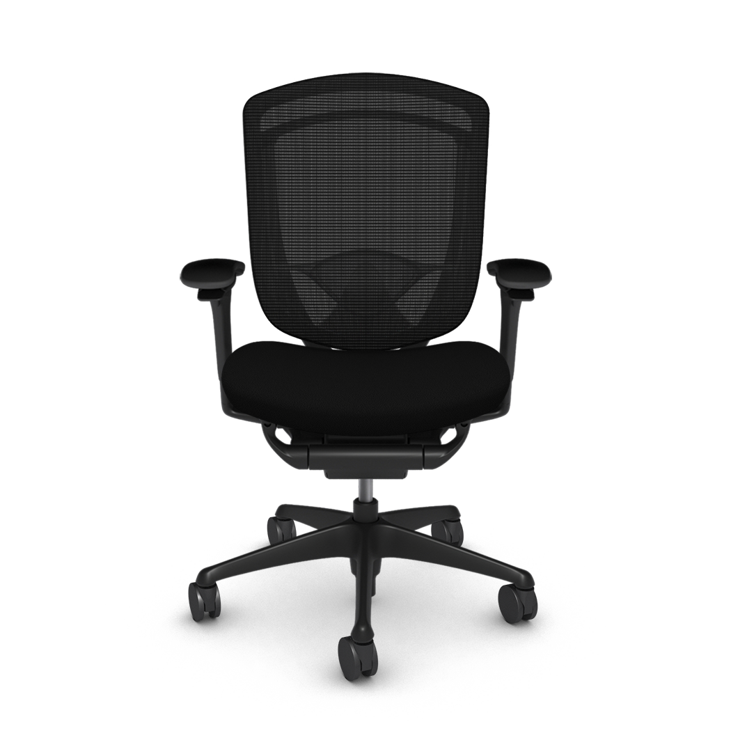 Front view of Nuova work chair shown in black mesh back and black fabric seat.