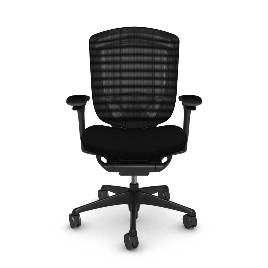 Front view of Nuova work chair shown in black mesh back and black fabric seat.