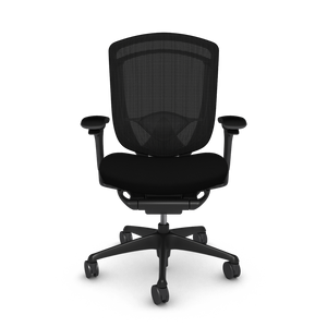 Front view of Nuova work chair shown in black mesh back and black fabric seat.