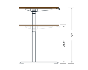 Sit stand laminate desk. Diagram showing height range from 24.4 to 50 inches.