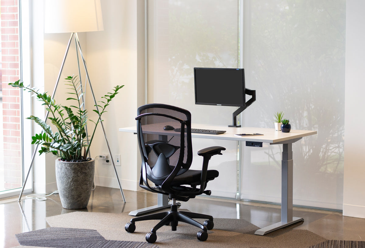 Height adjustable desk at sitting height with Winter Wood laminate top and silver legs. Black office chair in front of desk.